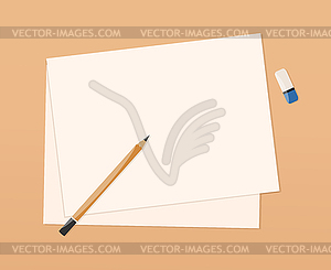 Painting supplies on the table. Pencil, eraser, paper - vector clipart