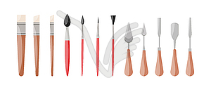 Set of various shaped paint brushes and palette knifes. - vector image