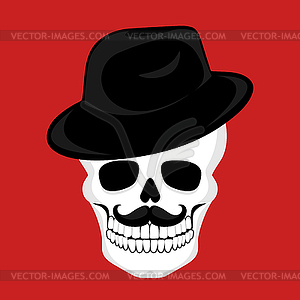 Human skull with mustache in a hat. Gangster skull icon - vector clipart