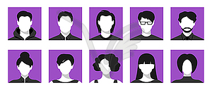 Female and male faceless silhouettes in square frames.  - vector image