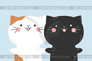 Two cute hand drawn doodle cats holding each other paws - vector image