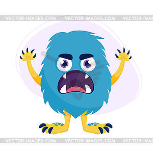 Cute cartoon angry monster. Funny blue fluffy creature  - vector image