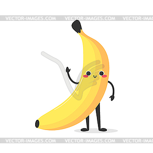 Cute smiling cartoon banana character greets - vector clipart