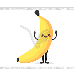 Cute smiling cartoon banana character shows peace sign - vector image