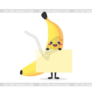 Cute cartoon banana character holding a blank paper  - vector image