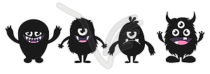 Cute cartoon monsters set. Funny black creatures - vector image