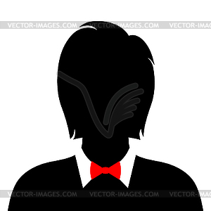 Abstract man with long hair silhouette in red bow tie.  - vector clipart