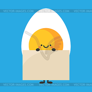 Cute cartoon egg holding blank paper banner. Funny egg  - vector image