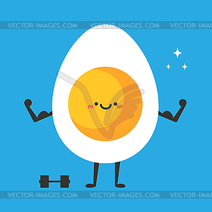 Strong cartoon egg showing muscles. Funny egg mascot  - vector image