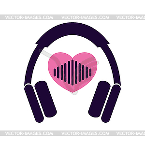 Headphones and heart with sound wave. Love music icon  - vector clip art