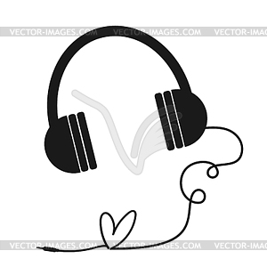 Headphones with heart shaped cord isolated on white - vector image