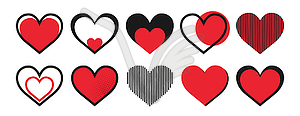 Set of red and black hearts icons in various shapes - vector clip art