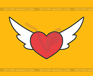 Red heart with white wings line icon on yellow - vector clip art