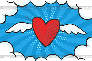 Red heart with white wings on sky background - royalty-free vector clipart