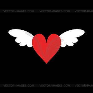 Flying red heart with white wings on black background.  - vector image