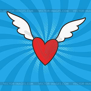 Flying red heart with white wings on blue rays - vector clipart