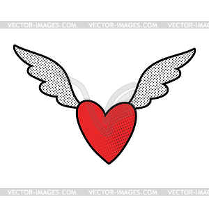 Flying red heart with white wings in pop art style - vector image