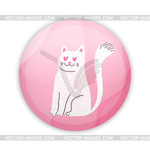 Glossy badge button with cute white cat in love - vector image