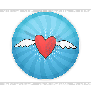 Glossy badge button with flying heart - vector image