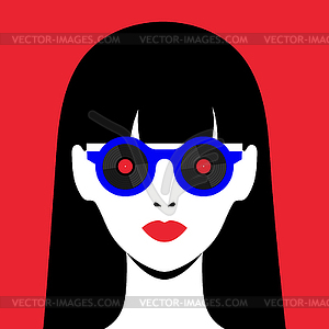 Abstract portrait of a female in vinyl record glasses - vector clip art