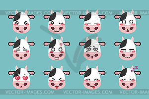 Cute cow character manga emoji set. Cow animal - royalty-free vector image